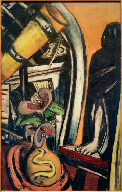 Atelier (Nacht). Stilleven met Telescoop en Bedekte Figuur door Max Beckmann