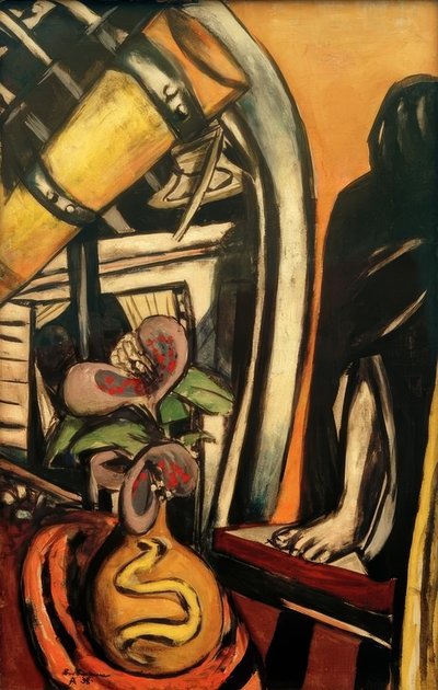 Atelier (Nacht). Stilleven met telescoop en verhulde figuur door Max Beckmann