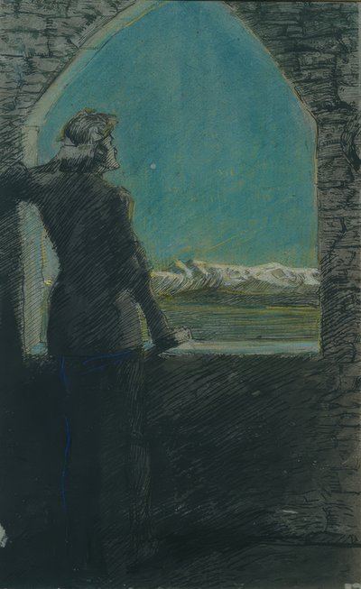 Bekroonde jonge man, kijkend in de verte vanuit een oude ruïne door Max Beckmann