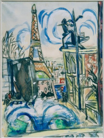 Uitzicht op de in aanbouw zijnde Wereldtentoonstelling met de Eiffeltoren door Max Beckmann
