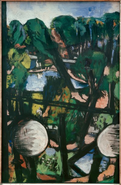 Uitzicht op de dierentuin met witte bollen (Parkbeeld) door Max Beckmann