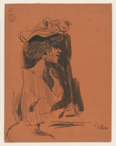 Halffiguur van een vrouw met hoed en sluier, in profiel naar rechts door Max Beckmann