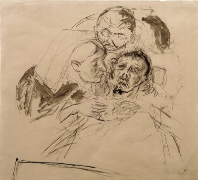 Verpleegster en mannelijke figuur, gebogen over een zieke door Max Beckmann