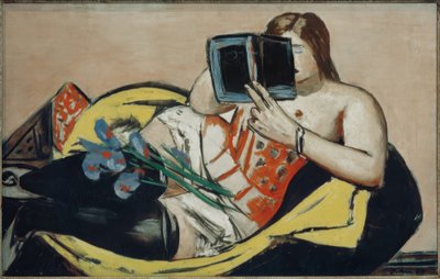 Liggende Vrouw met Boek en Zwaardlelies door Max Beckmann