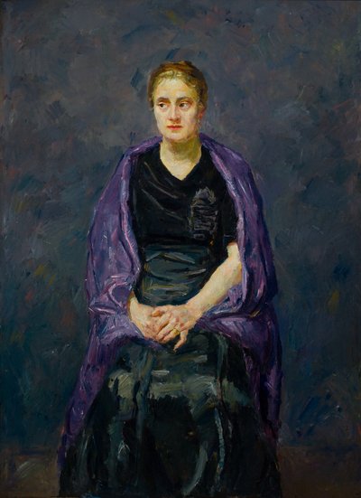 Minna Beckmann-buis met een violette sjaal door Max Beckmann