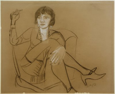 Quappi, rokend in clubsessel door Max Beckmann