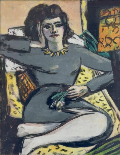 Rustende vrouw met anjers, portret Quappi door Max Beckmann