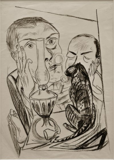 Zelfportret met kat en lamp door Max Beckmann