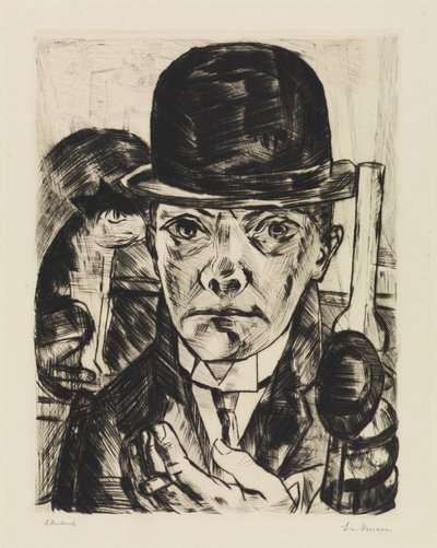 Zelfportret met stijve hoed door Max Beckmann
