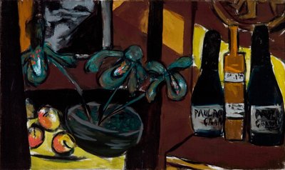 Stilleven op bruin en geel (Champagneflessen en Orchideeën) door Max Beckmann