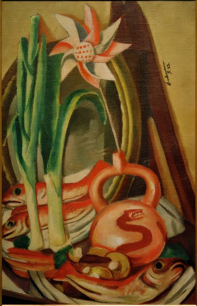 Stilleven met vissen en papieren bloem door Max Beckmann
