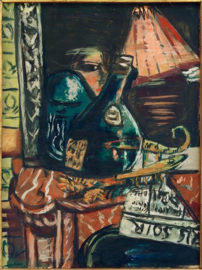 Stilleven met schuine jeneverfles en Boeddha door Max Beckmann