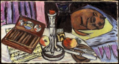 Stilleven met zilveren kandelaar (Stilleven met katten) door Max Beckmann