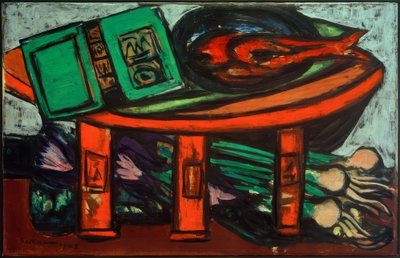 Stilleven met groen boek en radijzen door Max Beckmann