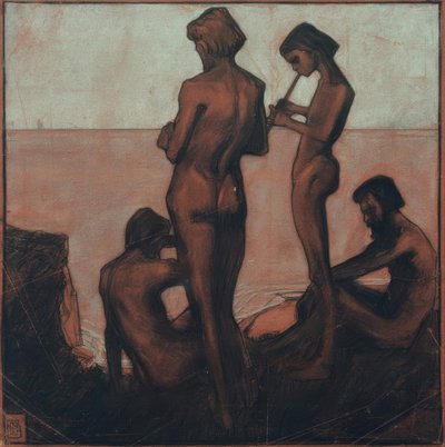 Vier jonge Mannen aan Zee (Vier mannelijke Figuren aan Zee) door Max Beckmann