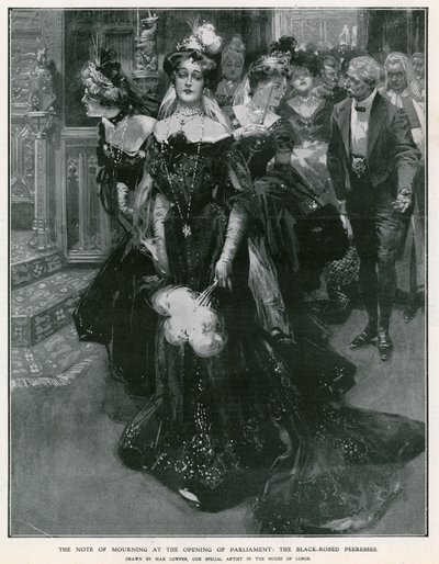 De rouwbrief bij de opening van het Parlement: de zwartgeklede Peeressen (litho) door Max Cowper