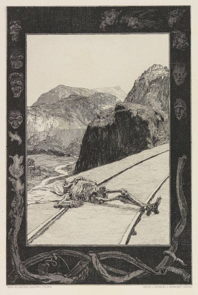 Op de sporen, plaat 8 uit de portfolio Over de dood, Deel I, Opus XI, 1897 door Max Klinger