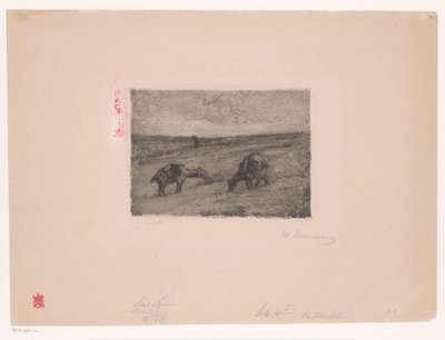 Landschap met grazende geiten door Max Liebermann (signed by artist)