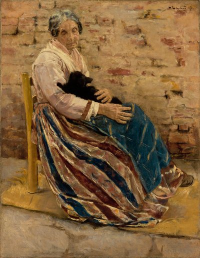 Een oude vrouw met kat door Max Liebermann