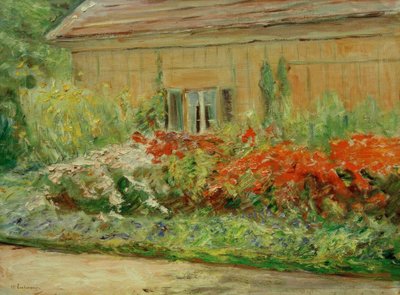Bloemenstruiken bij het tuinmanshuisje naar het noorden door Max Liebermann