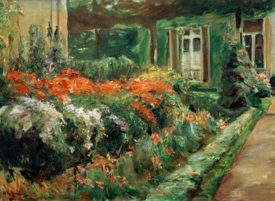 Bloemenstruiken bij het tuinhuisje naar het oosten door Max Liebermann