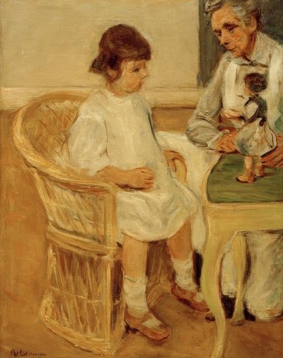 De kleindochter van de kunstenaar in een rieten stoel naar rechts door Max Liebermann