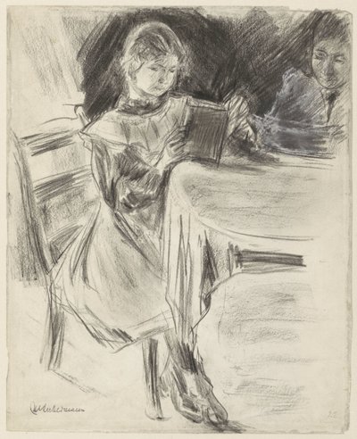 Dochtertje en vrouw van Max Liebermann, lezend aan een ronde tafel door Max Liebermann