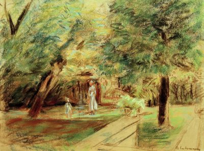 Kleindochter met kindermeisje voor haagtuinen door Max Liebermann