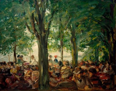 Tuinrestaurant aan de Havel onder bomen (Schildhorn) door Max Liebermann