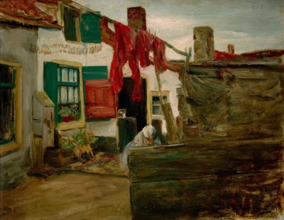 Hoek van een Nederlands dorp met hangende was door Max Liebermann