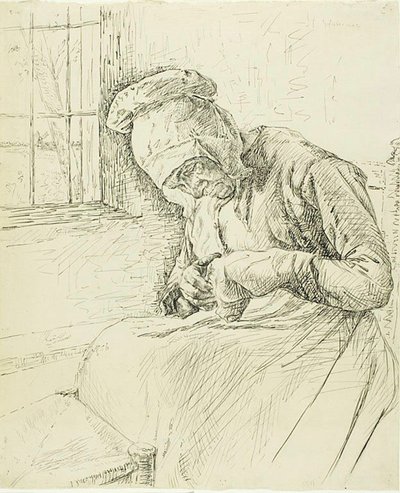 Oude Vrouw die bij het Raam Naait door Max Liebermann