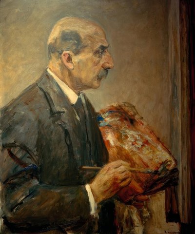 Zelfportret met palet aan de ezel, in profiel door Max Liebermann