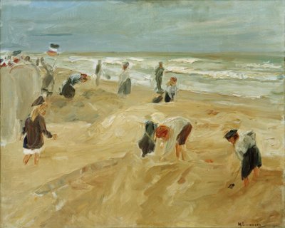 Spelende kinderen op het strand van Noordwijk (Strandscène in No) door Max Liebermann