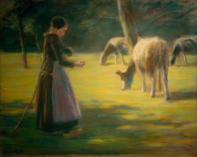 Spinnende koeherderin op de wei – In de zonneschijn door Max Liebermann