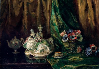 Stilleven met porselein en bloemen, 20e eeuw door Max Müller