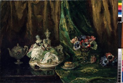 Stilleven met porselein en bloemen door Max Müller