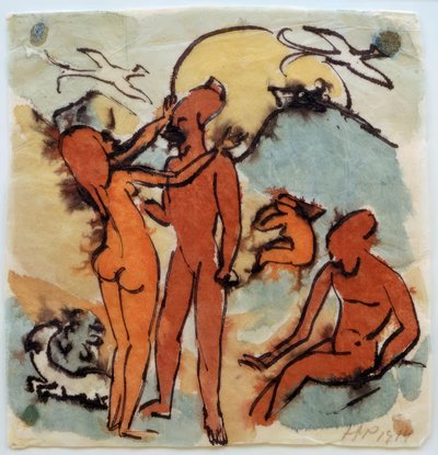 Badscène met stuurvogels door Max Pechstein