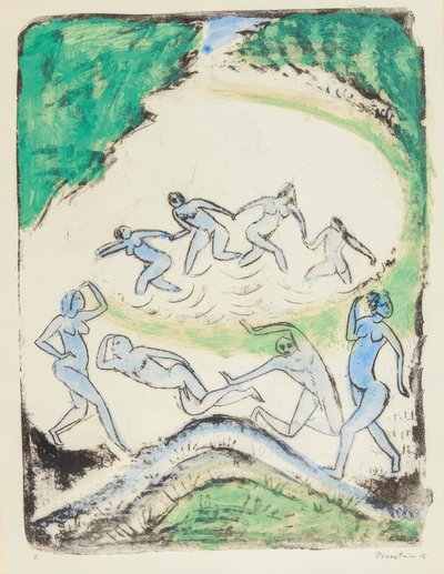 De dans (Dansende en badende mensen bij de bosvijver) door Max Pechstein