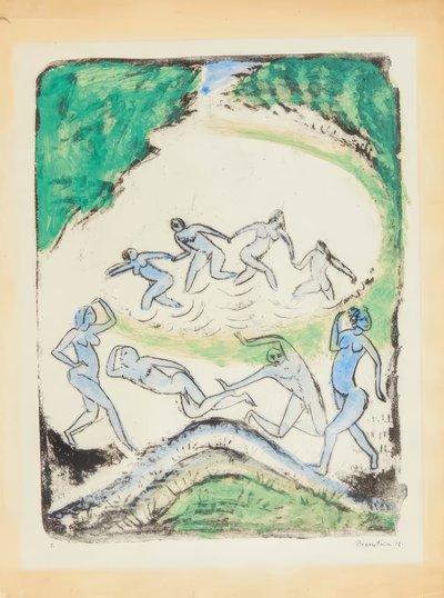 De dans (Dansende en badende mensen bij de bosvijver door Max Pechstein