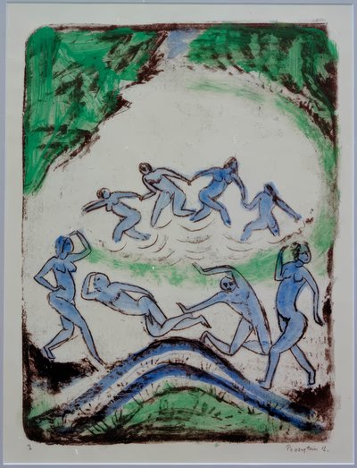 Dansen en zwemmen bij de bosvijver door Max Pechstein