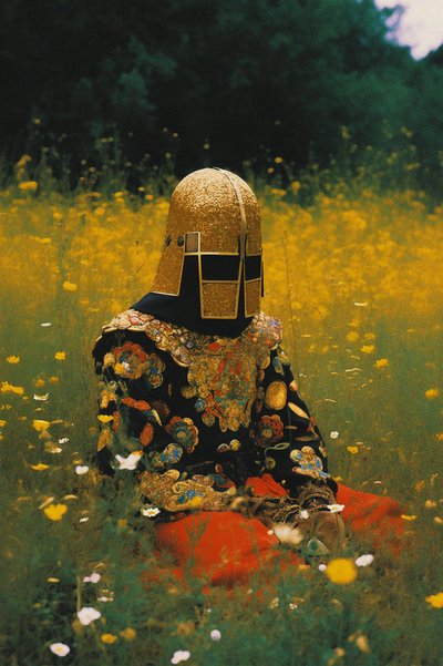 Gouden helm in een bloemenveld door Max Sandström