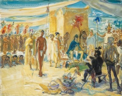 Fernando Cortez voor Keizer Montezuma van Mexico. 1917 door Max Slevogt