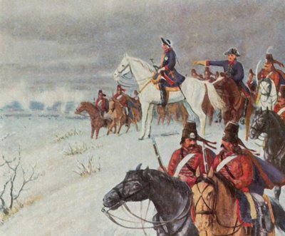 Frederik de Grote op de Bornerheuvel in de Slag bij Leuthen, 5 december 1757 (kleurenlitho) door Max Weese