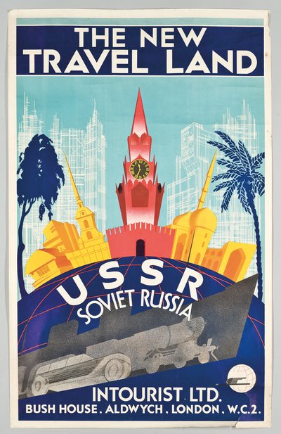 Een poster die reizen naar Sovjet-Rusland adverteert met het Russische reisbureau 