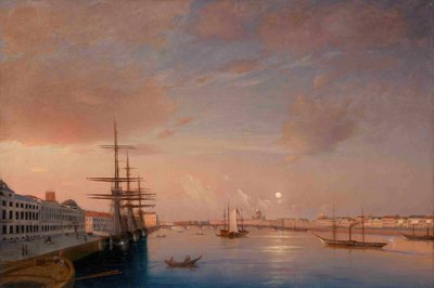 Uitzicht op de Blagoveshchensky Annunciatiebrug en Nikolaevskaya-kade, ca. 1852 door Maxim Nikiphorovich Vorobyev