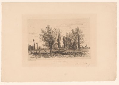Landschap met weide en zicht op een stad door Maxime François Antoine Lalanne (signed by artist)