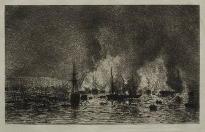 Brand in de Haven van Bordeaux door Maxime Lalanne