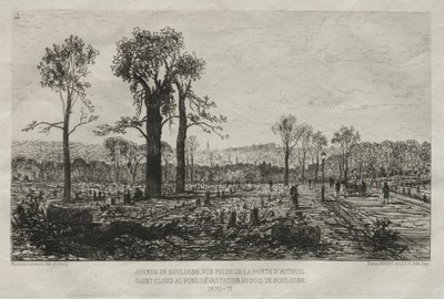 Artistieke Herinneringen aan het Beleg van Parijs: Avenue de Boulogne, Uitzicht vanaf de poort van Auteuil, St. Cloud op de achtergrond, Verwoesting van het Bois de Boulogne door Maxime Lalanne