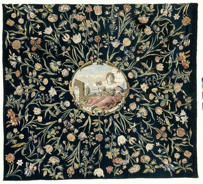 Tafelkleed met de personificatie van Flora en een bloemenpatroon door Maximiliaan van der Gucht (possibly)