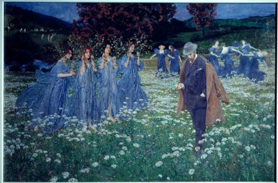 Dromerij, een wereld Droomachtig landschap, een man steekt een veld over vol feeën door Maximilian Lenz